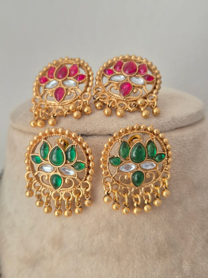 Reversible Ladita Mangalsutra stud earrings displayed in pink and green stone options