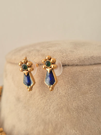 Pair of gold stud earrings with round green stone centers and blue geometric pendants matching the Ehsaas Necklace Set