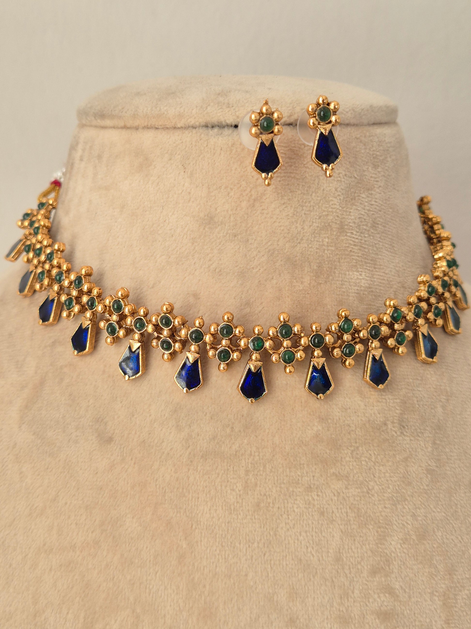 Ehsaas Necklace Set gold choker with green stones and pearl drops by Naitri