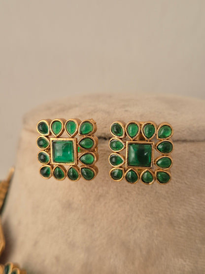 Pair of square antique gold stud earrings with green CZ stone clusters matching the Lambika Necklace Set