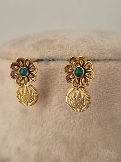 Pair of antique gold coin drop earrings with green stone floral tops matching the Zoyna Necklace Set