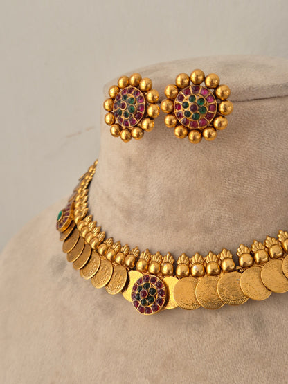 Antique gold-plated coin choker necklace with red and green stone embellishments and matching stud earrings
