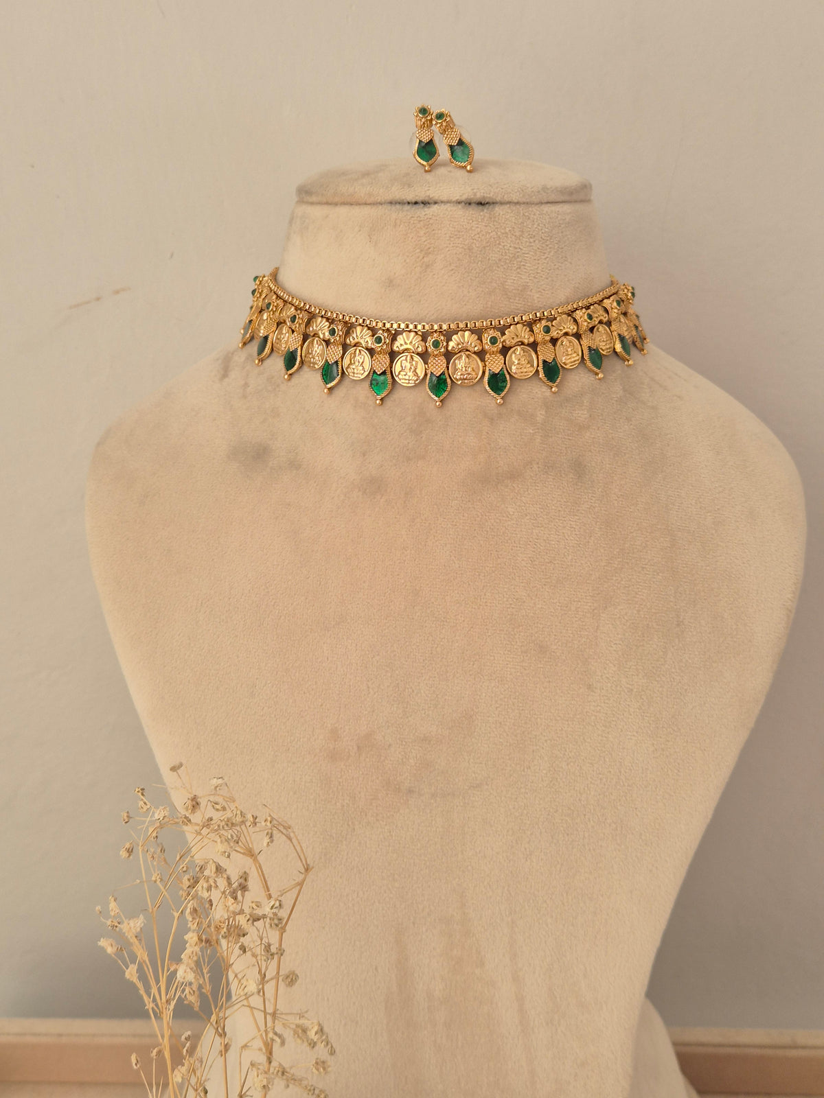 Option 1 (Short): Antique gold coin choker necklace set with green stone teardrop accents and matching small drop earrings