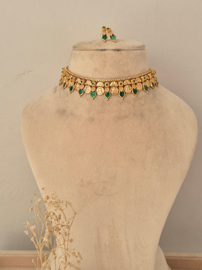 Option 1 (Short): Antique gold coin choker necklace set with green stone teardrop accents and matching small drop earrings