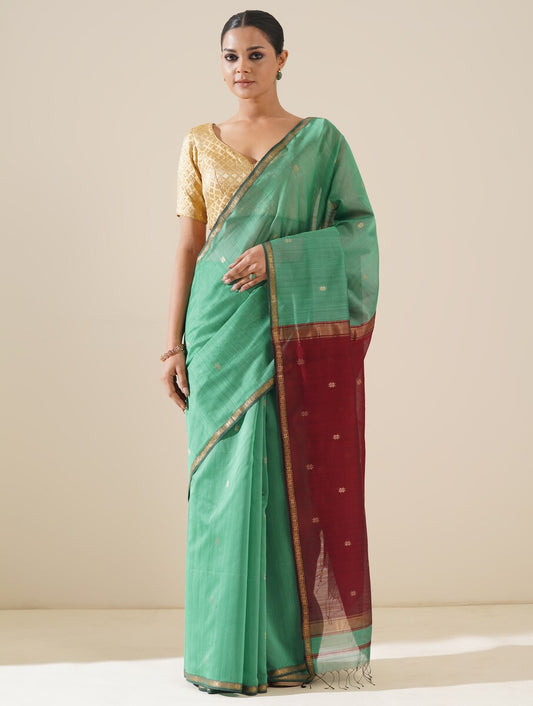 Sea Green and Maroon Maheshwari Saree