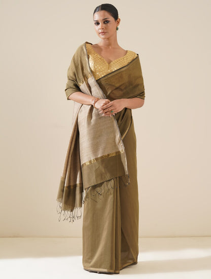 Khakhi Maheshwari Saree - Kosa Pallu with Blouse Piece by Naitri - Saree