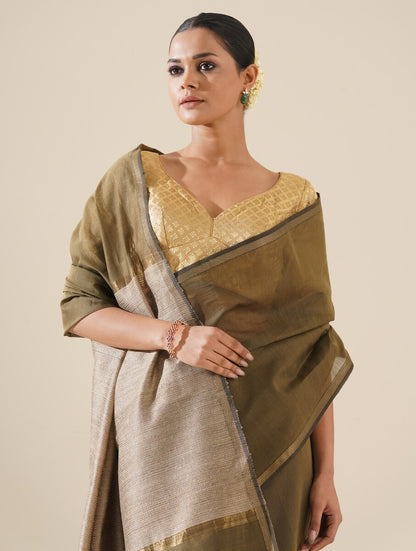 Khaki saree featuring kosa pallu handwoven in fine cotton silk, showcased on a neutral background