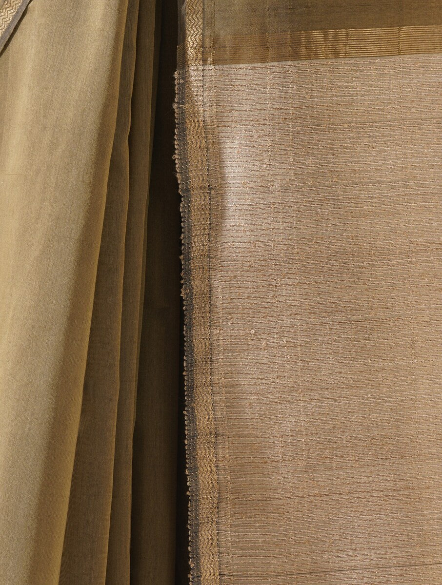 Khaki saree featuring kosa pallu handwoven in fine cotton silk, showcased on a neutral background