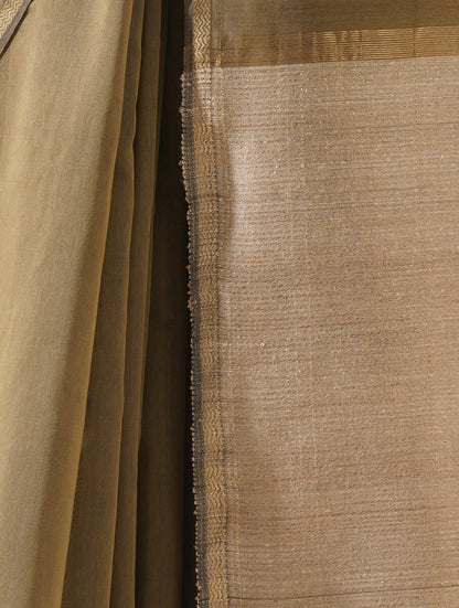 Khaki saree featuring kosa pallu handwoven in fine cotton silk, showcased on a neutral background
