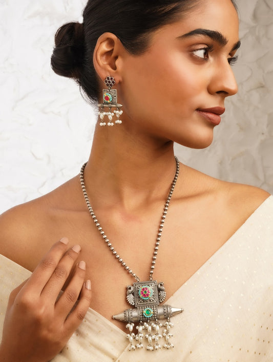 Silver look-alike beaded statement necklace set, Mishthi by Naitri.