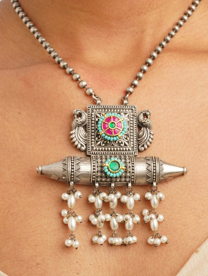 Silver look-alike beaded statement necklace set, Mishthi by Naitri.