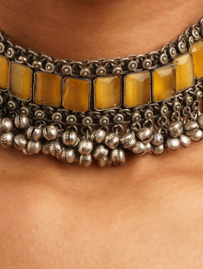 Silver choker and earrings set with multiple color accents, full ensemble view