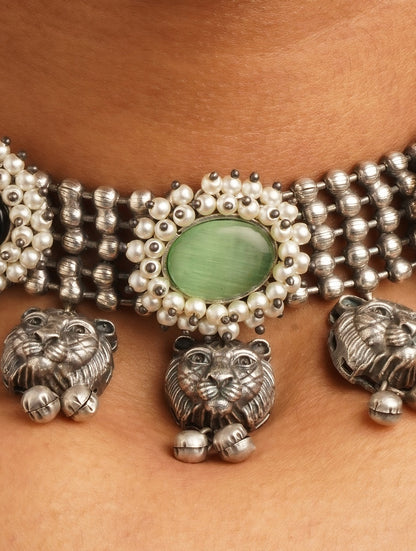 Silver, green, and black necklace set, handcrafted, artistic drape