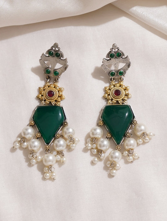 Green dangle earrings, Neeru by Naitri, subtle festive style.