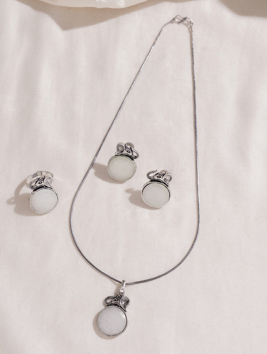 Silver necklace set with matching earrings and ring, Seema by Naitri.
