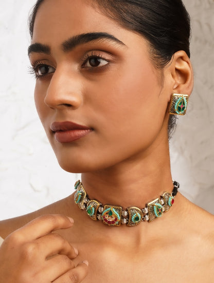 Gold, black, and green choker necklace set, Ojasvi by Naitri.