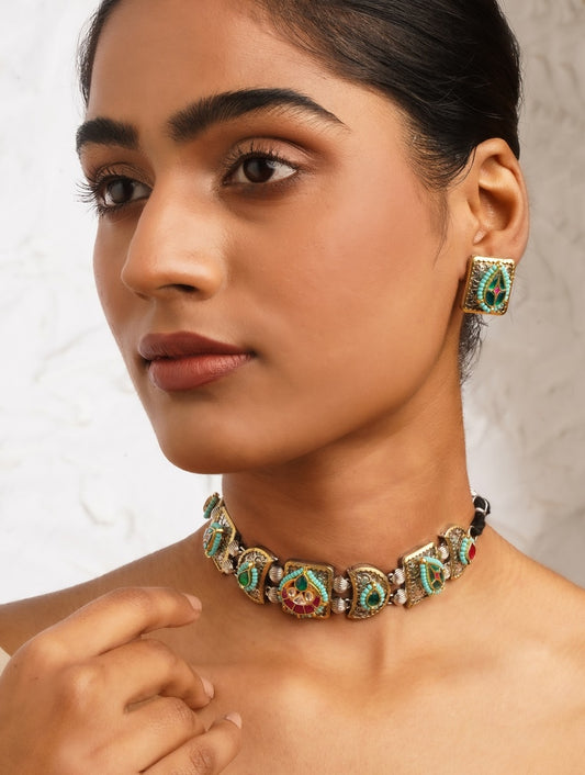 Gold, black, and green choker necklace set, Ojasvi by Naitri.