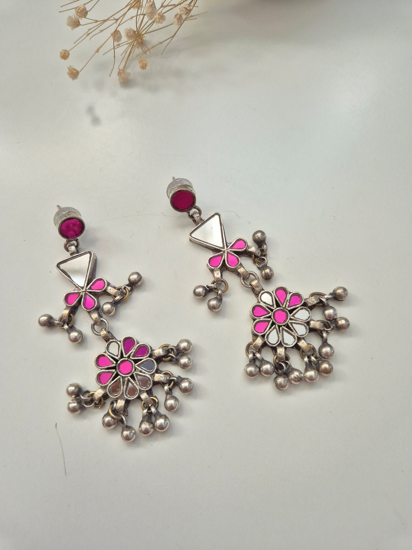 Handcrafted Colorful glass earrings with silver finish, floral and geometric design, Aadra Glass Earring from Naitri. Traditional Indian Jewellery.