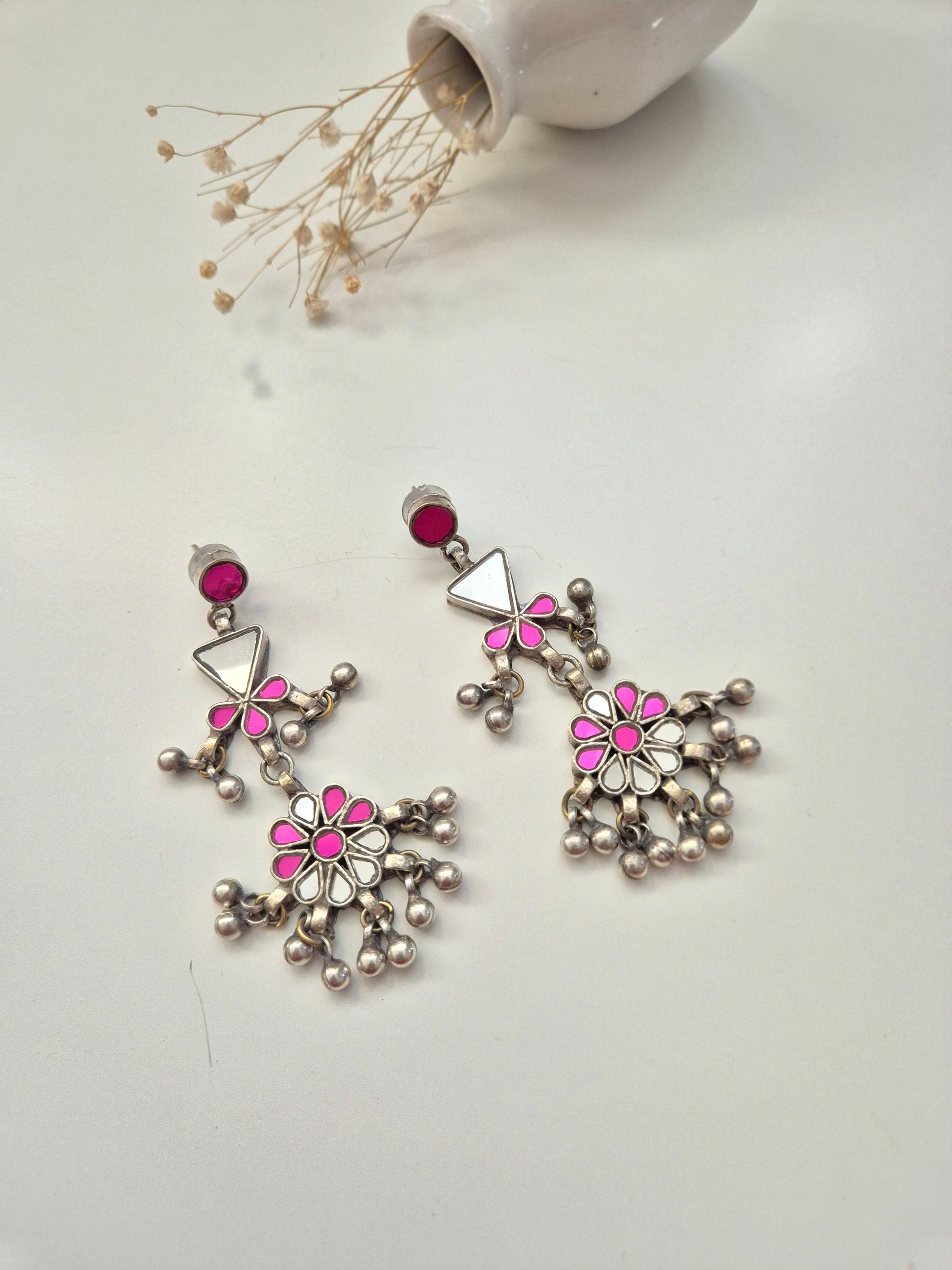 Handcrafted Colorful glass earrings with silver finish, floral and geometric design, Aadra Glass Earring from Naitri. Traditional Indian Jewellery.