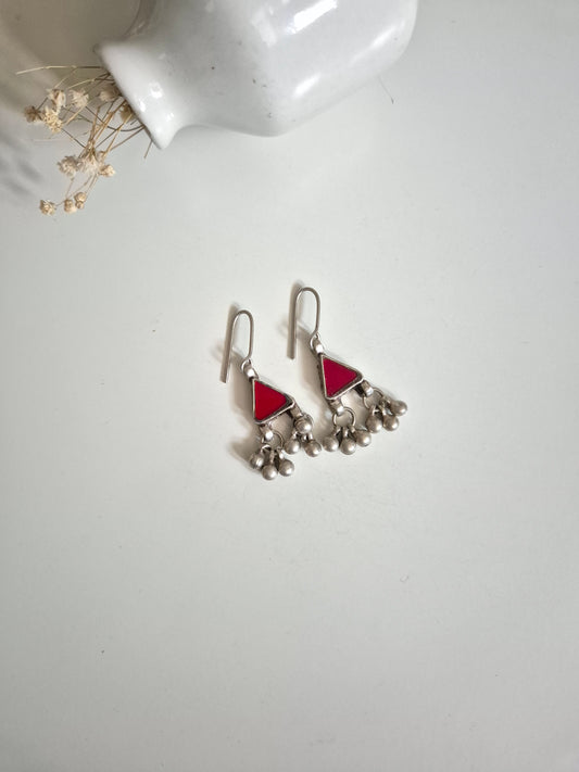 Handcrafted Red glass earrings with silver finish, and geometric design, Aanya Glass Earring from Naitri. Traditional Indian Jewellery.