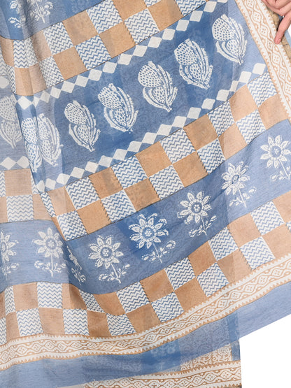 Detailed view of a woman wearing a blue hand block printed saree with beige accents and a gold-toned border by naitri.in