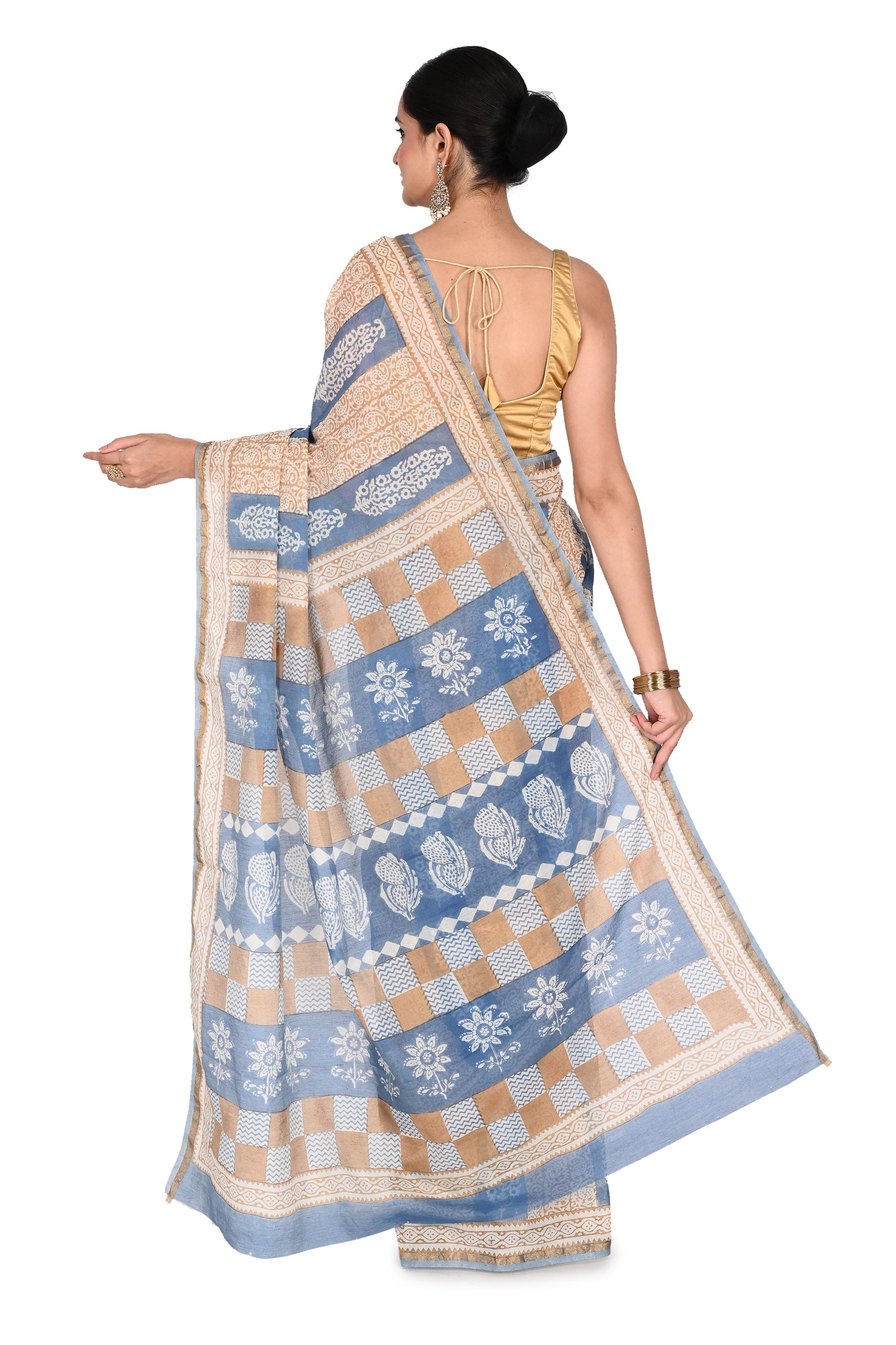 Aavya Maheshwari Saree in light blue and beige cotton silk featuring traditional Bagh hand block prints by naitri.in