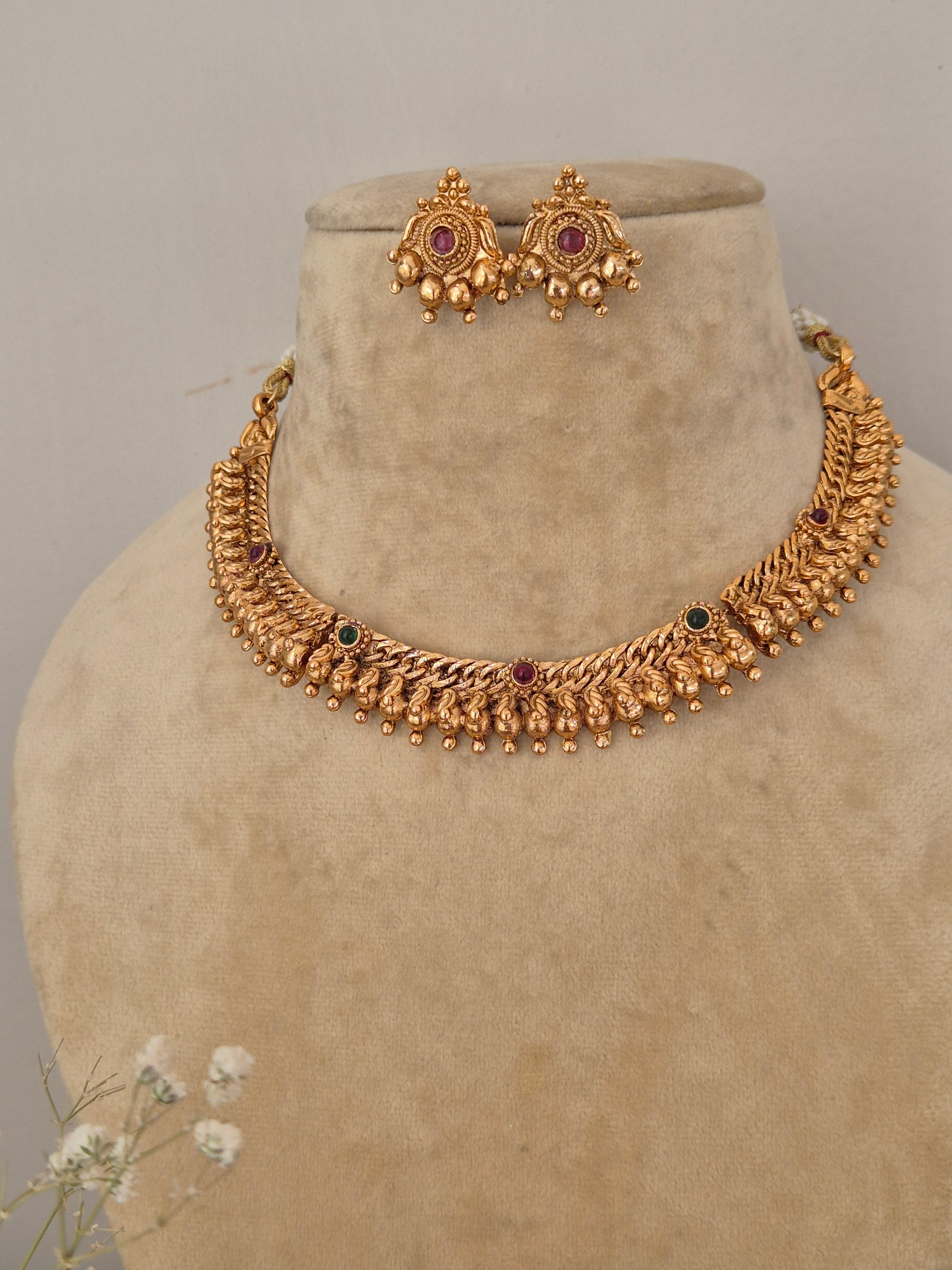 Artisanal Aditya necklace and earring set in a modern Indian ethnic aesthetic, by naitri.in