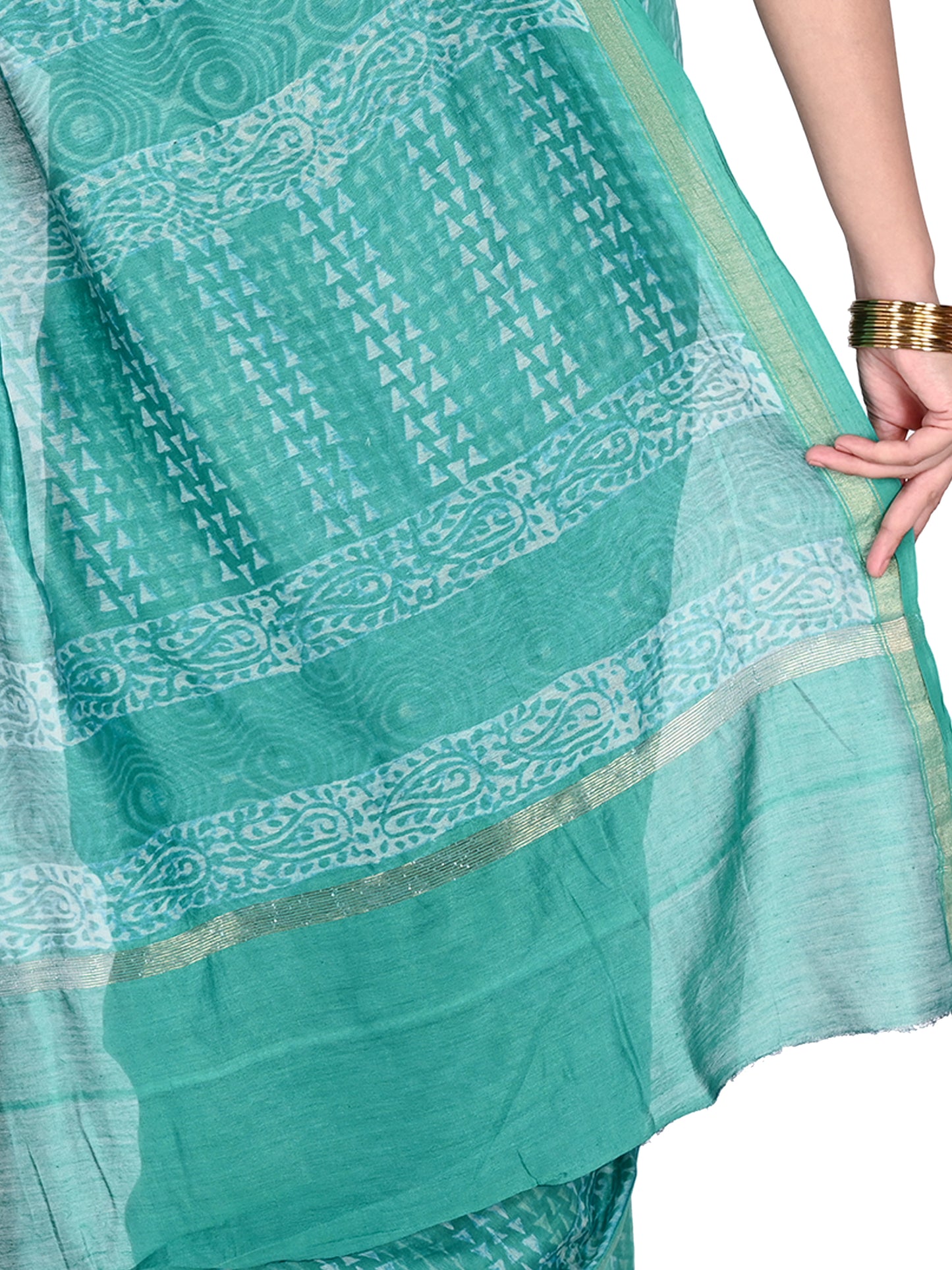 Teal green hand block printed cotton-silk saree with white geometric patterns and gold zari border by naitri.in