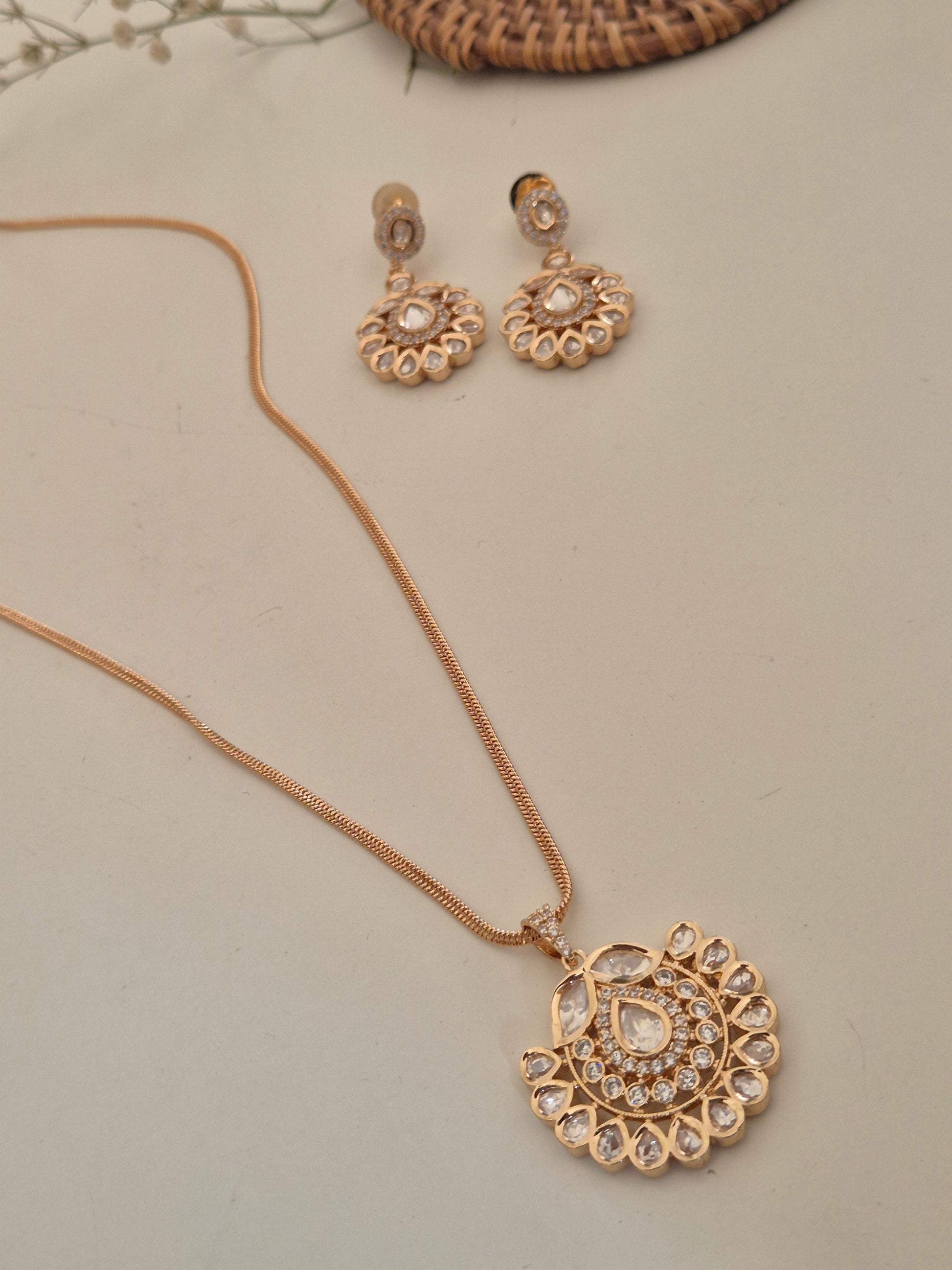 Elegant handcrafted American Diamond necklace and earring set on a display stand, ideal for weddings and special occasions by naitri.in