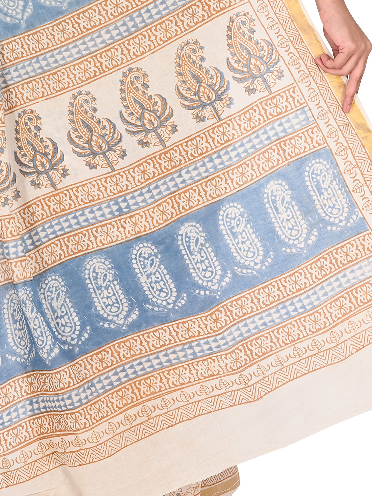 Model showcasing a classic drape of the Ambika saree, highlighting the intricate blue block motifs and the elegant vertical border by naitri.in