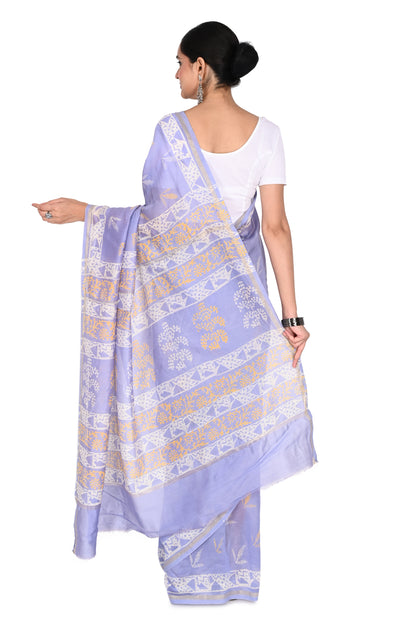Purple and white Amira hand block printed cotton-silk saree with a gold border by naitri.in