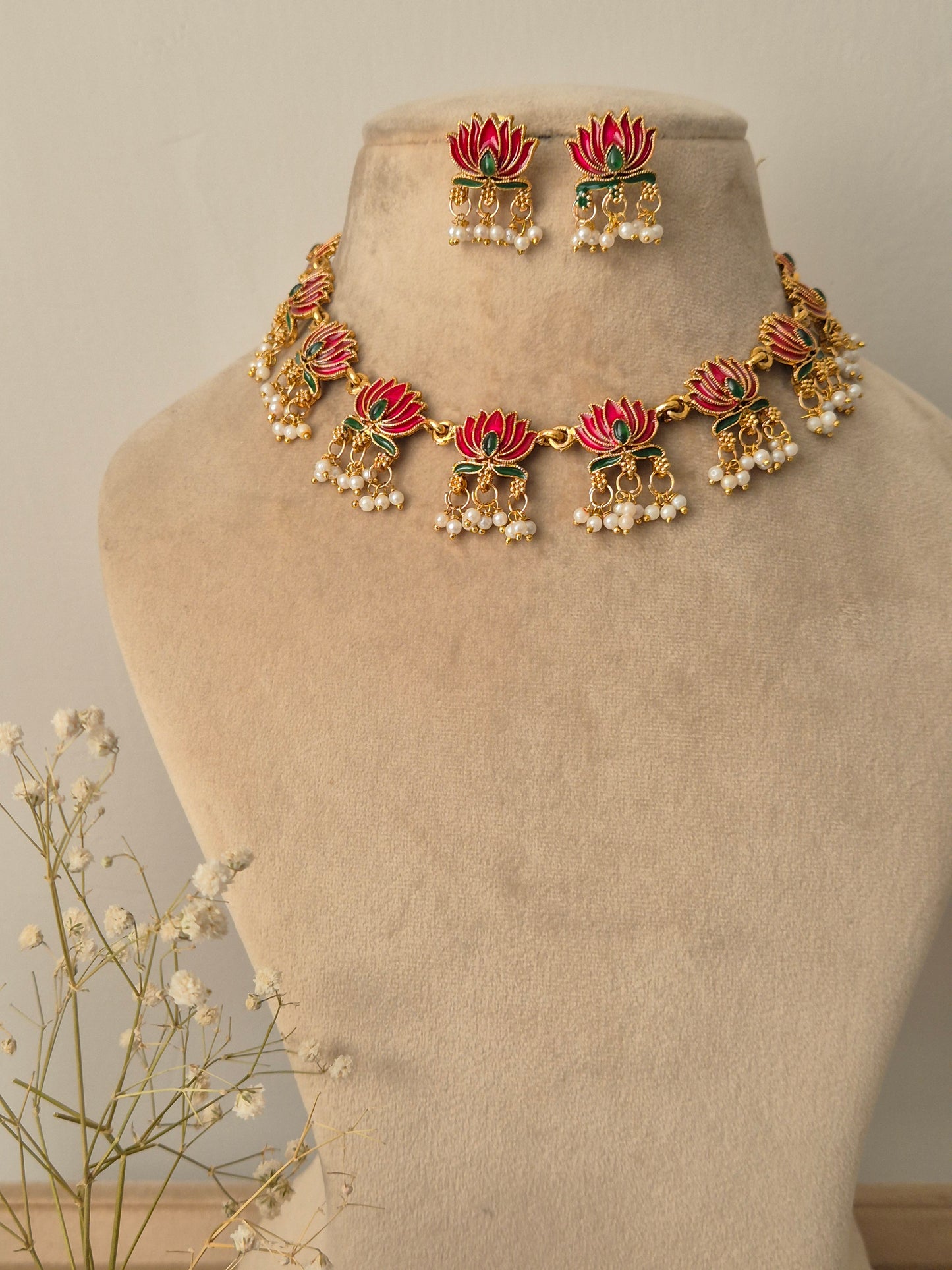 Exquisite Golden Lotus Designed Necklace Set by naitri.in