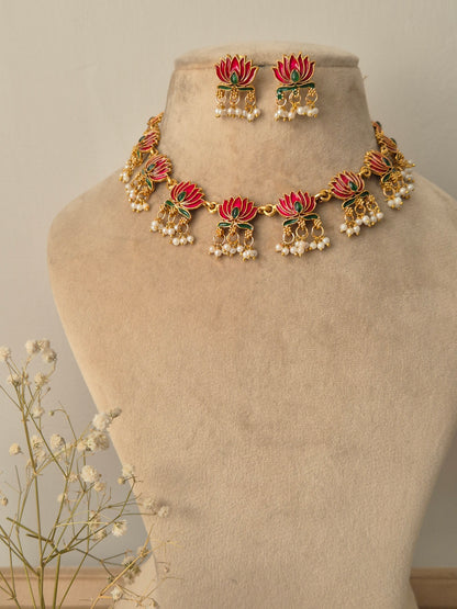 Exquisite Golden Lotus Designed Necklace Set by naitri.in