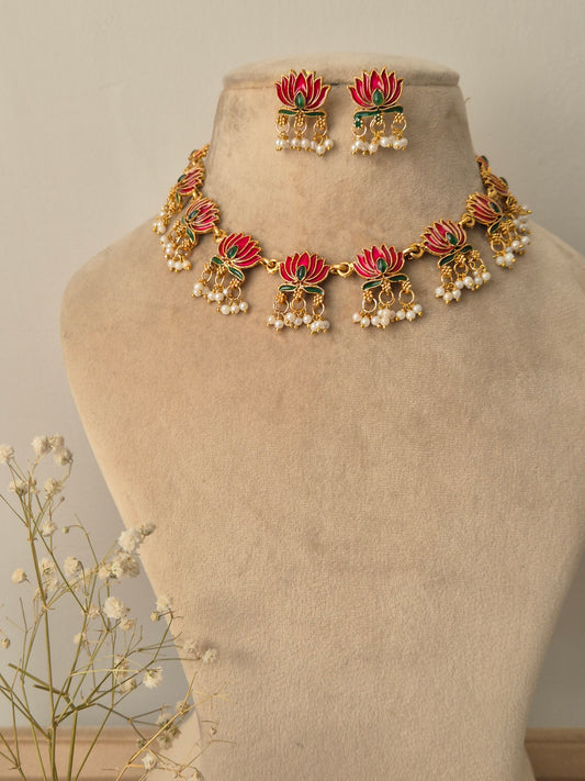 Exquisite Golden Lotus Designed Necklace Set by naitri.in