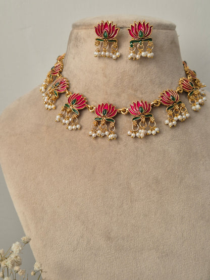 Beautifully Designed Lotus Necklace with Same Designed Earrings By naitri.in
