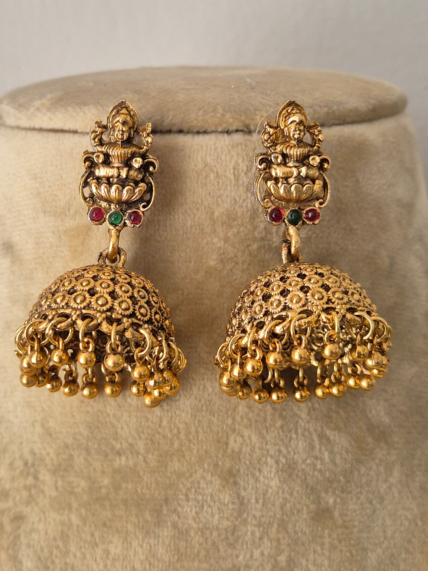 Gold-plated temple pendant earring jhumka and hanging gold pearls by naitri.in