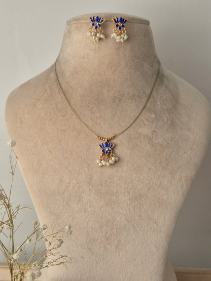 Necklace with blue lotus  design invisible chain light weight elegant and minimal jewellery set by naitri