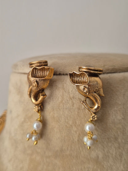 Golden ethnic earrings with delicate white pearl hangings by naitri.in