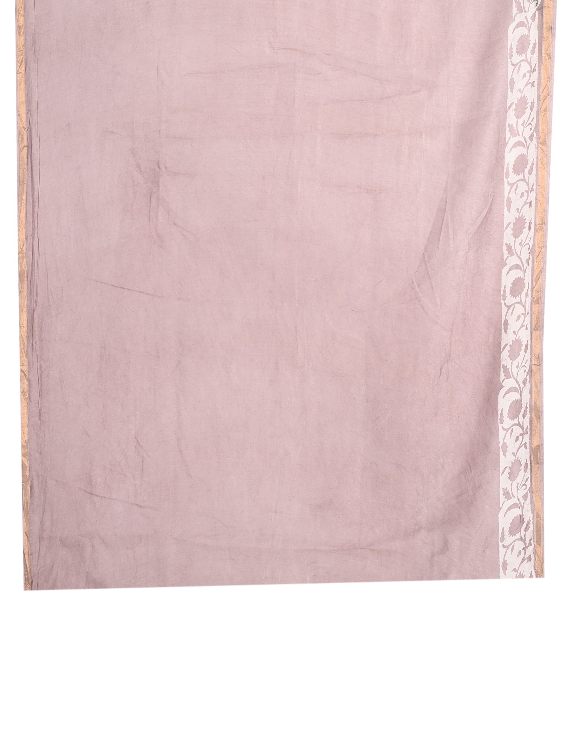 Greyish-mauve and gold Biyu hand block printed cotton-silk saree with traditional floral motifs blouse by naitri.in