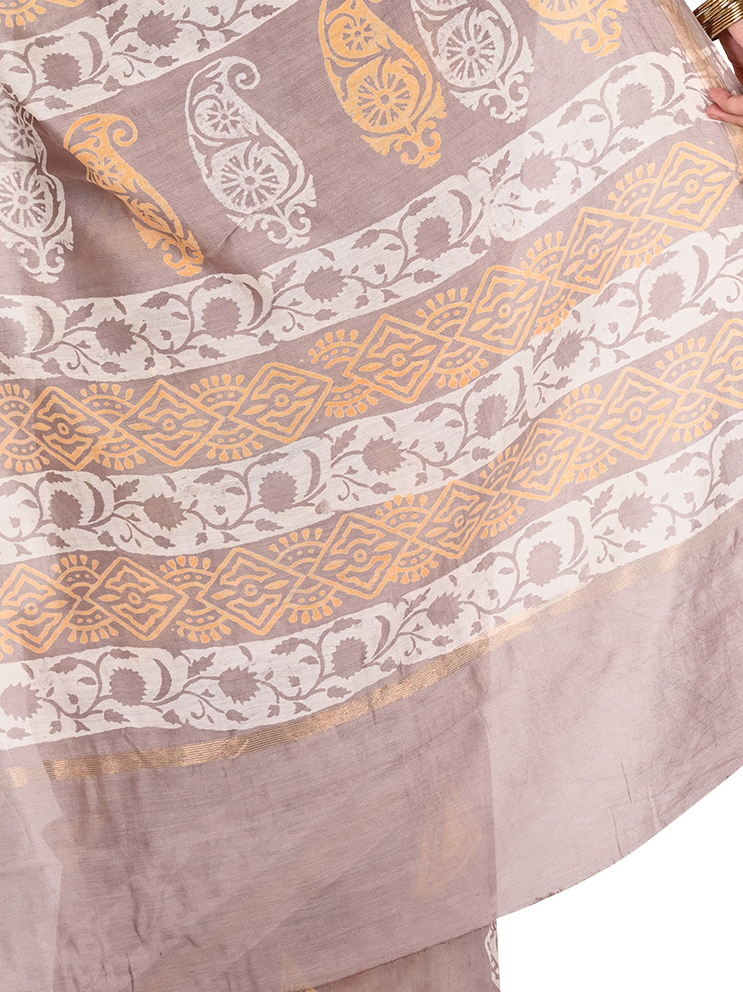 Close-up of the Biyu saree showing the soft sheen of the cotton-silk fabric and the detailed hand-block floral motifs in white and ochre yellow pallu by naitri.in