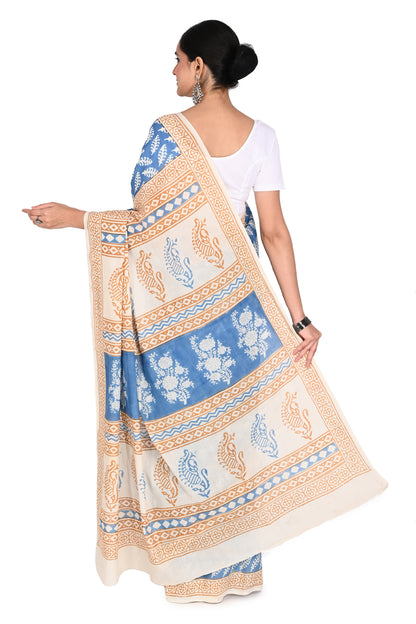 A classic drape of the Brijika cotton saree paired with a white short-sleeved blouse and silver earrings, highlighting the back pattern by naitri.in
