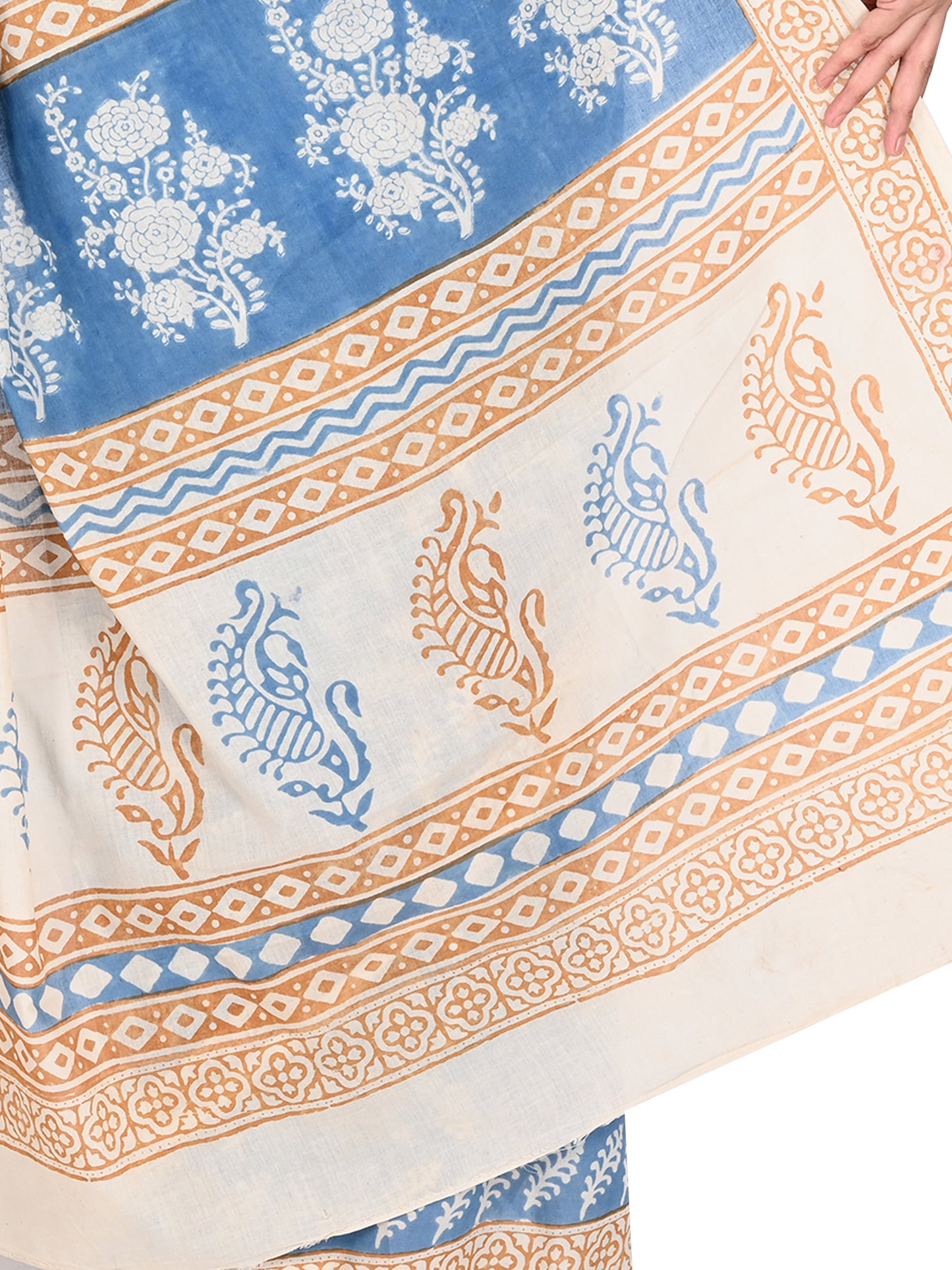 Close-up of the hand-printed blue and beige floral designs on the Brijika breathable cotton saree, reflecting traditional Indian craftsmanship by naitri.in
