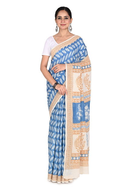 Rear view of a woman wearing the Brijika white cotton saree, showcasing the blue floral block prints and beige paisley pallu by naitri.in