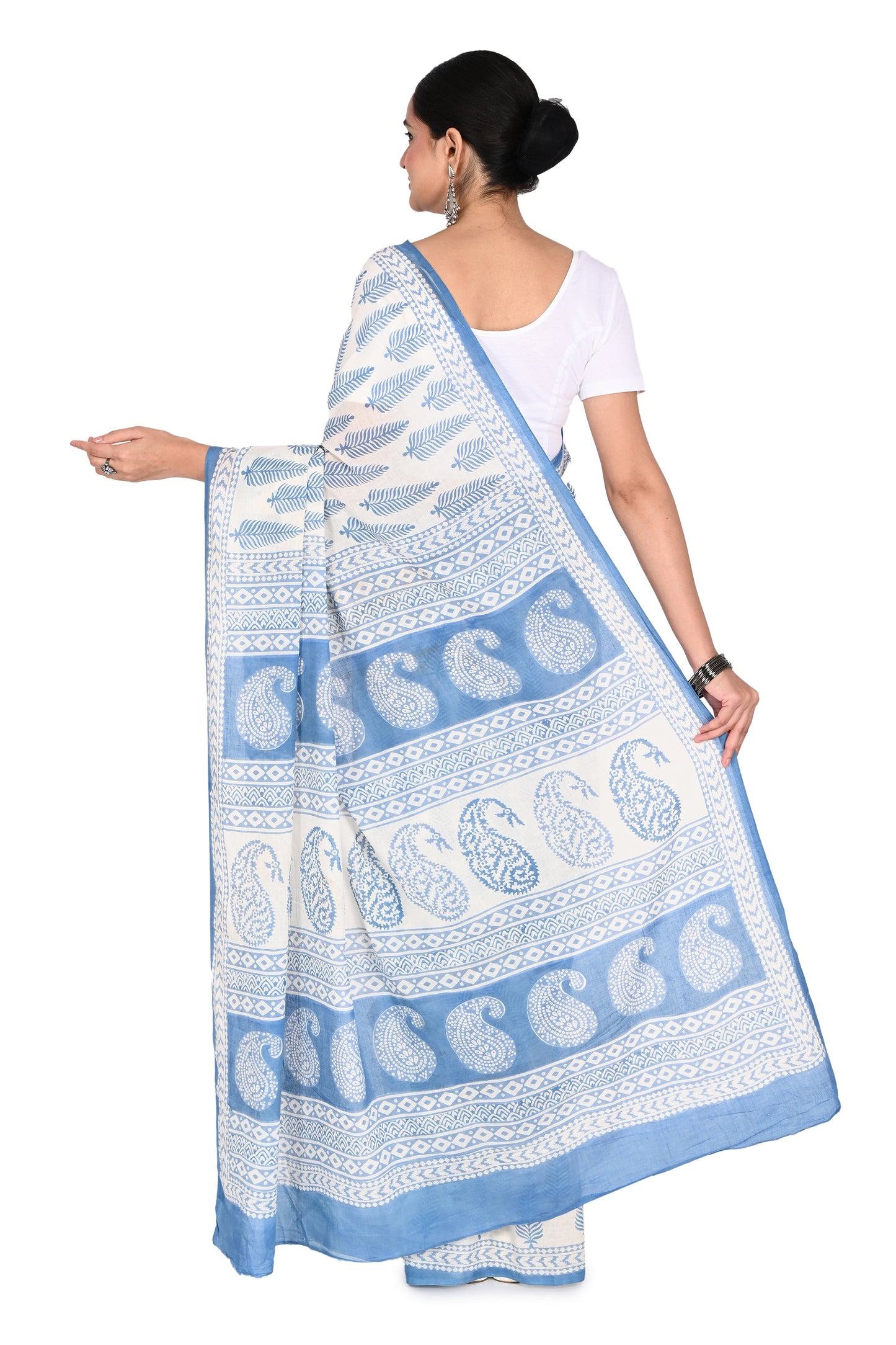Naitri Brishti Saree: A lightweight cotton saree in white and blue, designed with traditional geometric hand-blocked motifs for an elegant everyday look  by naitri.in