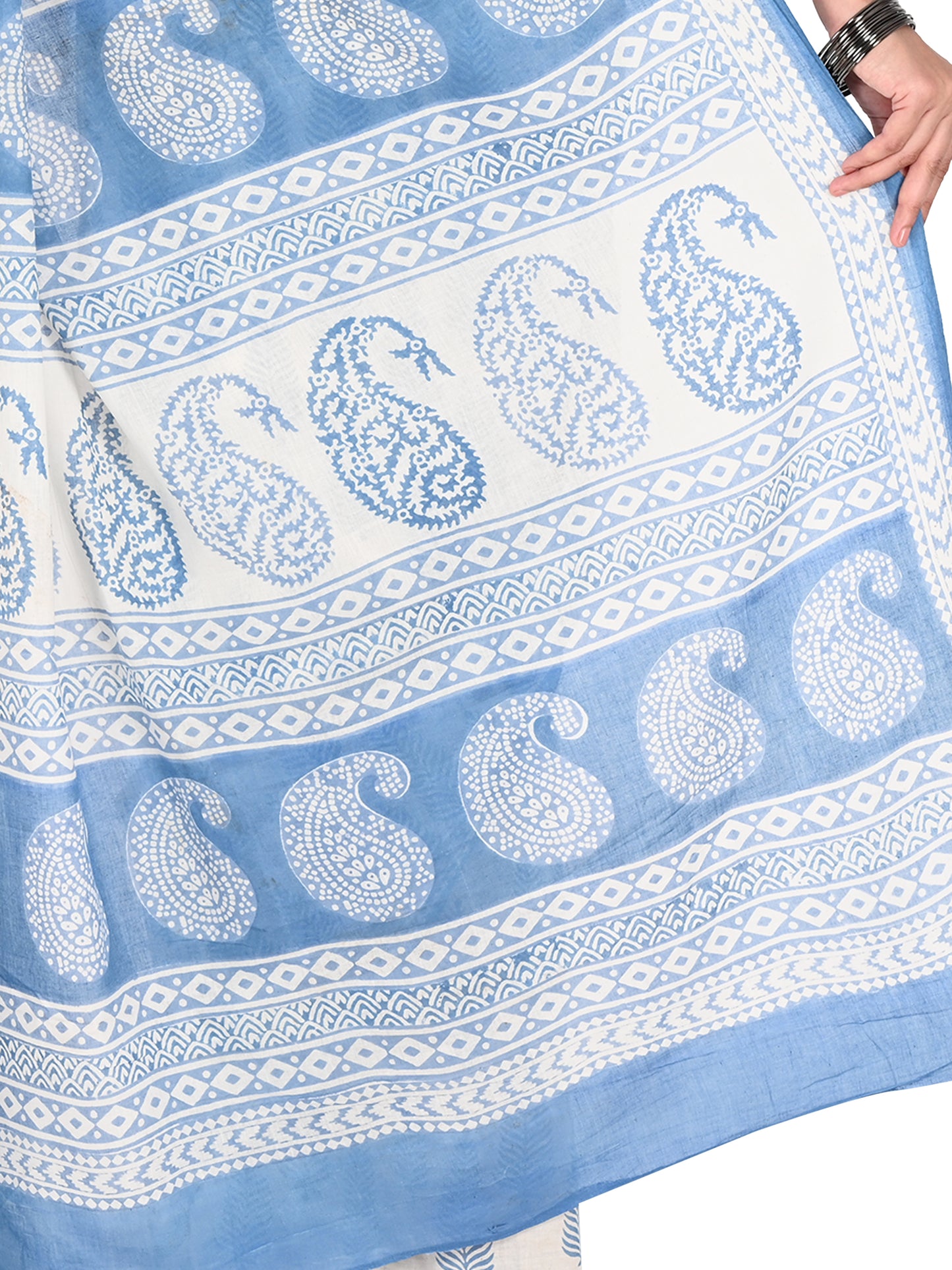 Detailed shot of the blue geometric hand block print texture on high-quality white cotton fabric from the Naitri Saree collection by naitri.in