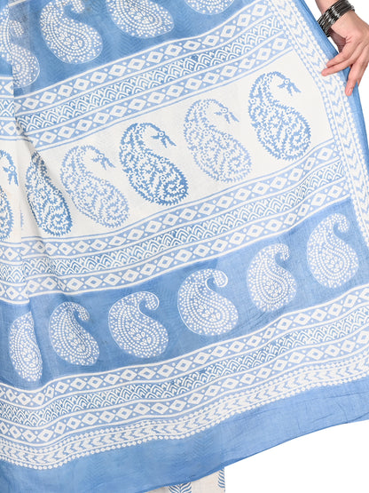 Detailed shot of the blue geometric hand block print texture on high-quality white cotton fabric from the Naitri Saree collection by naitri.in