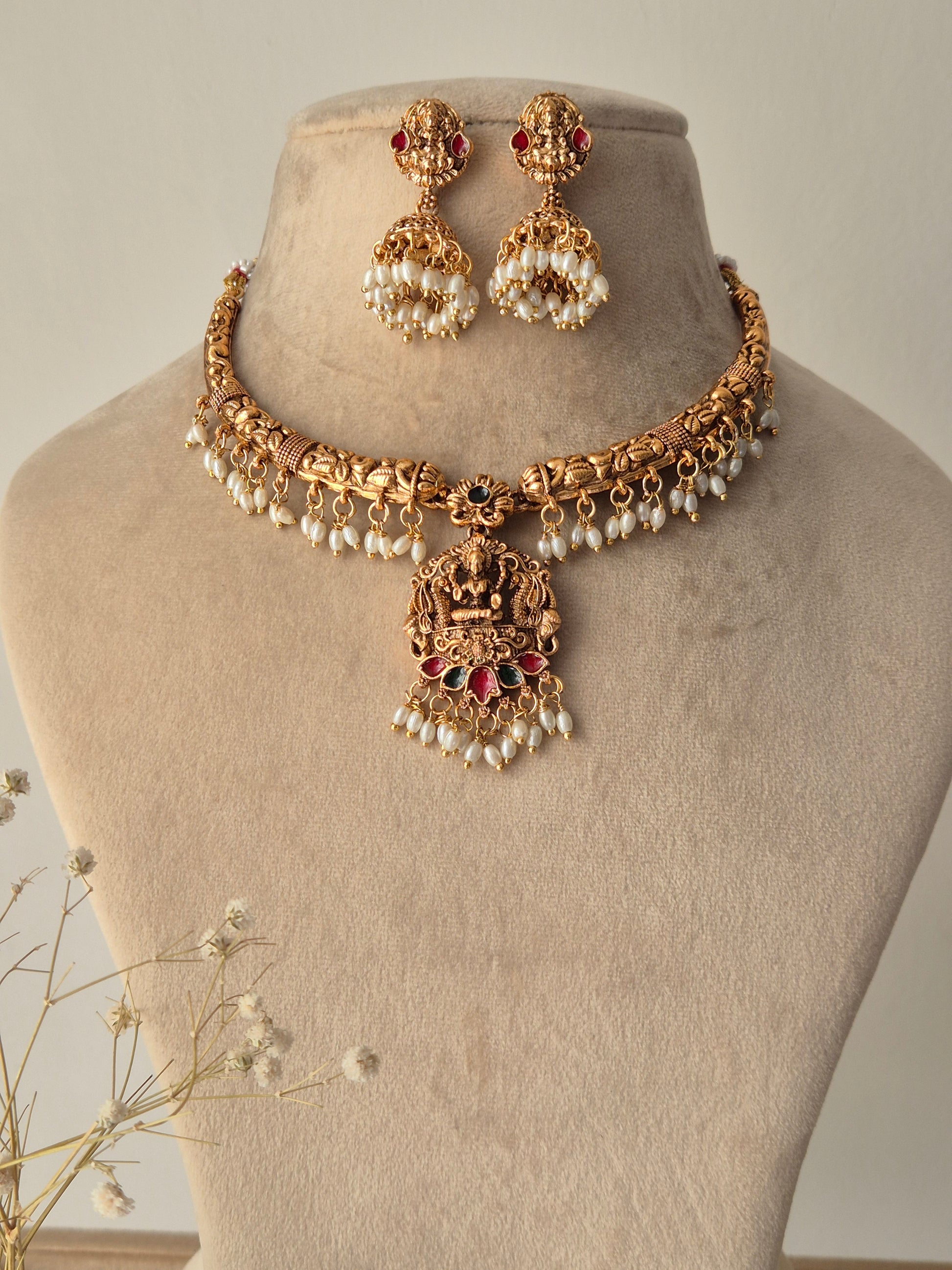 Gold necklace and earrings. Wearable art with incredible detail. Goddess Energy necklace by naitri.in