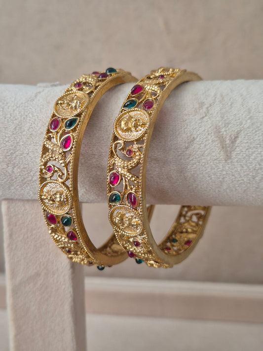  traditional Indian gold-plated bangles with red and green stones, ethnic festive and bridal jewelry collection by Naitri.in