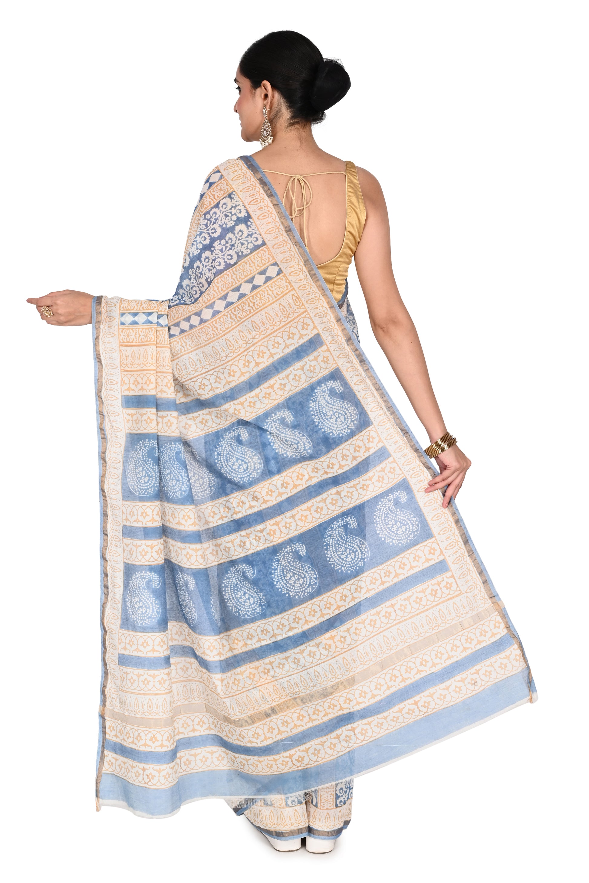 this saree carries forward the legacy of traditional block printing through finely detailed patterns created by skilled artisan by naitri.in