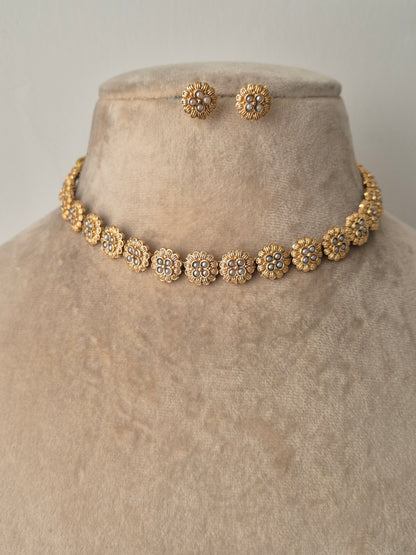 simply crafted golden necklace with matching earrings cute and simple design can be wear everywhere by naitri.in